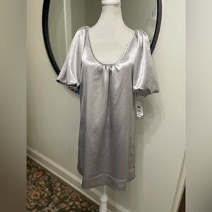 Y2K silver satin puff-sleeve mini dress. New with tags attached size small